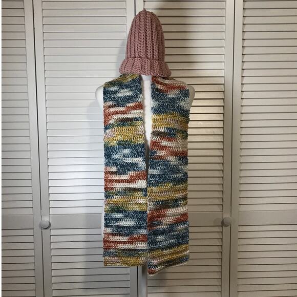 NWT Handmade Crocheted Multicolor Textured Beanie & Scarf 61” - Picture 1 of 4